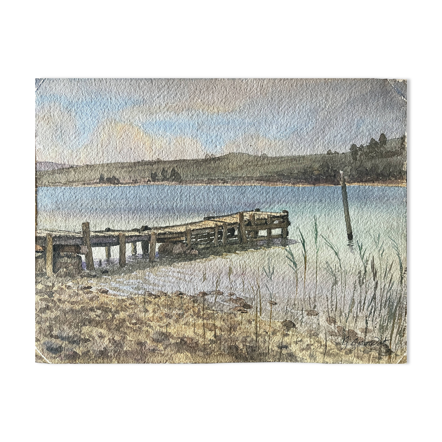 Painting Watercolor G. GIRARDOT (1856-1914) Landscape with pontoon circa 1900