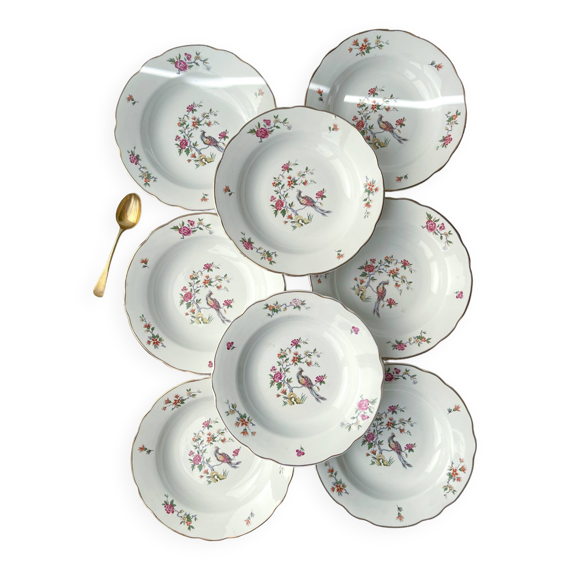 8 vintage porcelain soup plates digoin sarreguemines model conde bird of paradise pattern