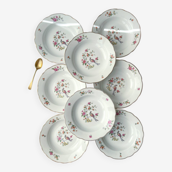 8 assiettes creuses en porcelaine vintage digoin sarreguemines modèle conde motif oiseau de paradis