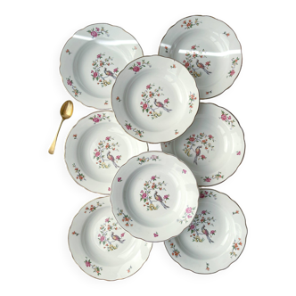 8 assiettes creuses en porcelaine vintage digoin sarreguemines modèle conde motif oiseau de paradis