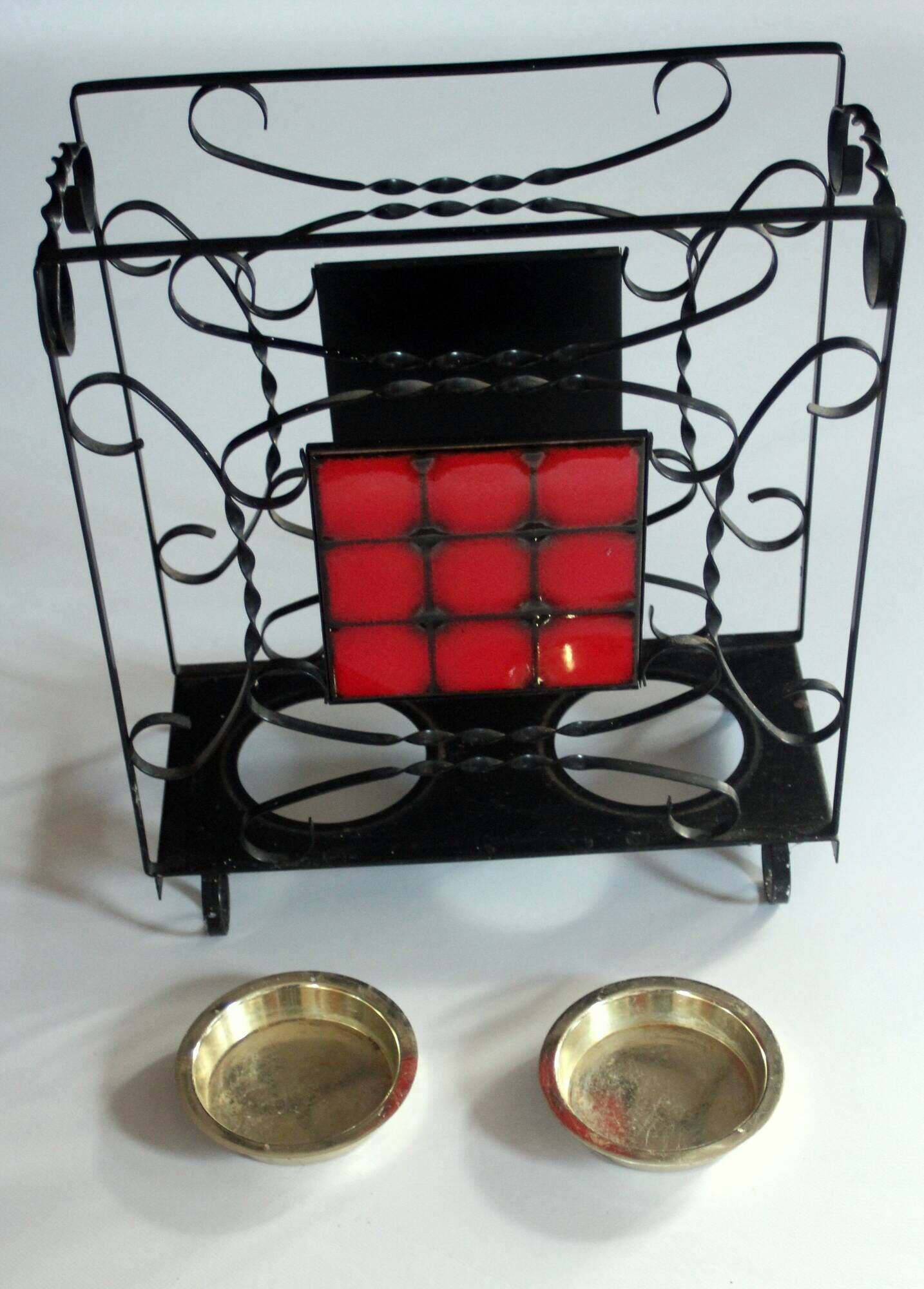 Handmade umbrella stand made of wrought iron, metal and ceramic, Vintage