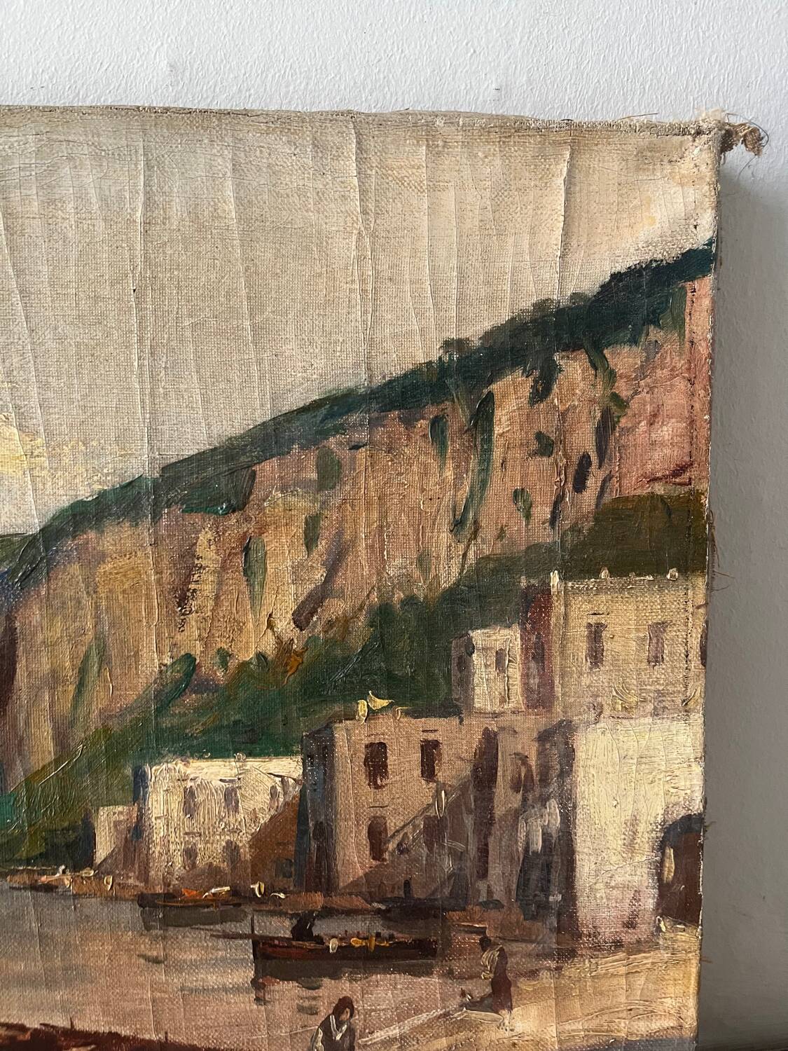 Village in the cliffs, oil on canvas signed E. Bello