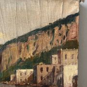 Village in the cliffs, oil on canvas signed E. Bello