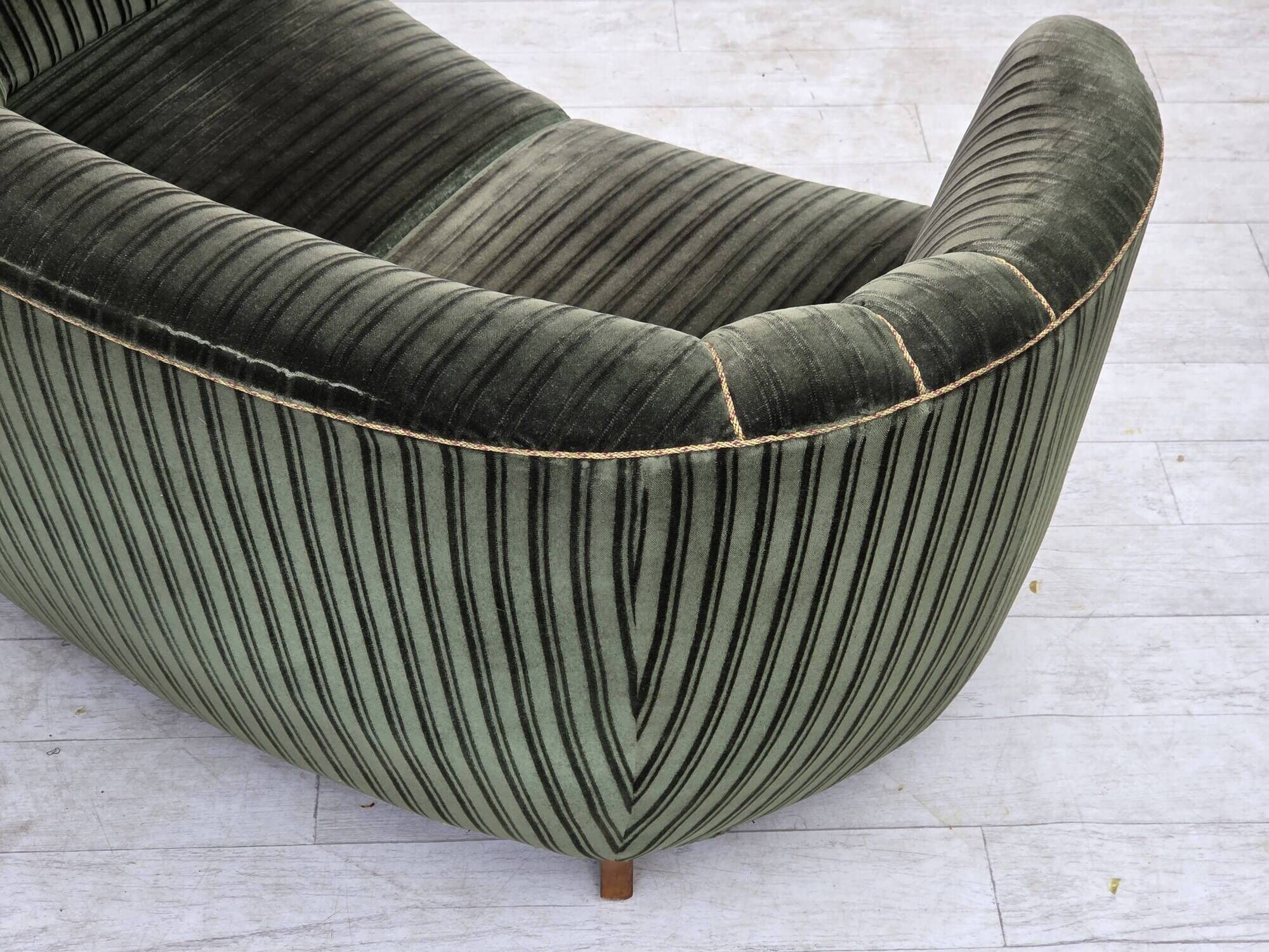 1960s, Danish 2-seater curved sofa, furniture velour, oak wood.