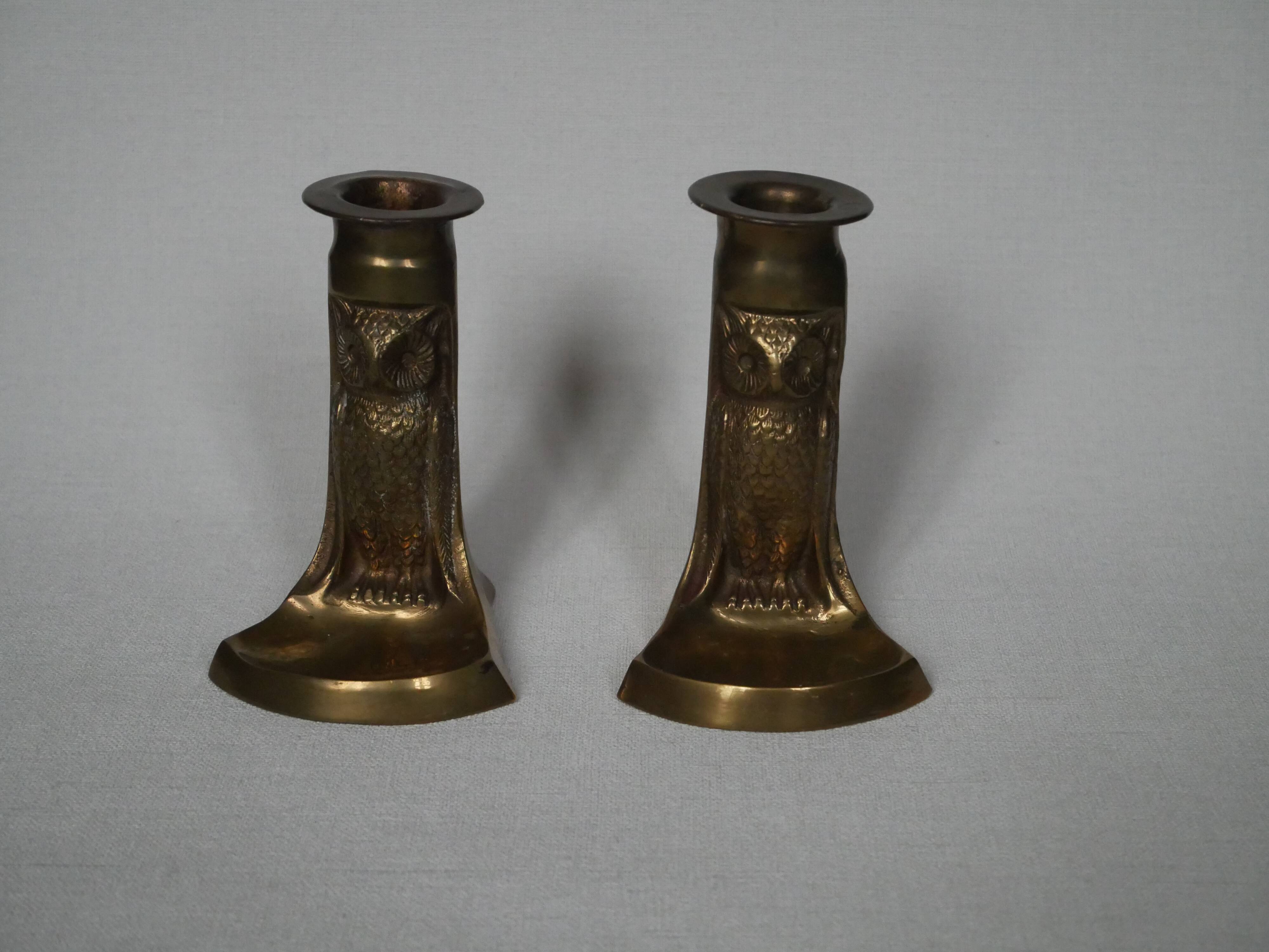 Pair of brass candlesticks candelabra art deco owls country decoration old gilded metal