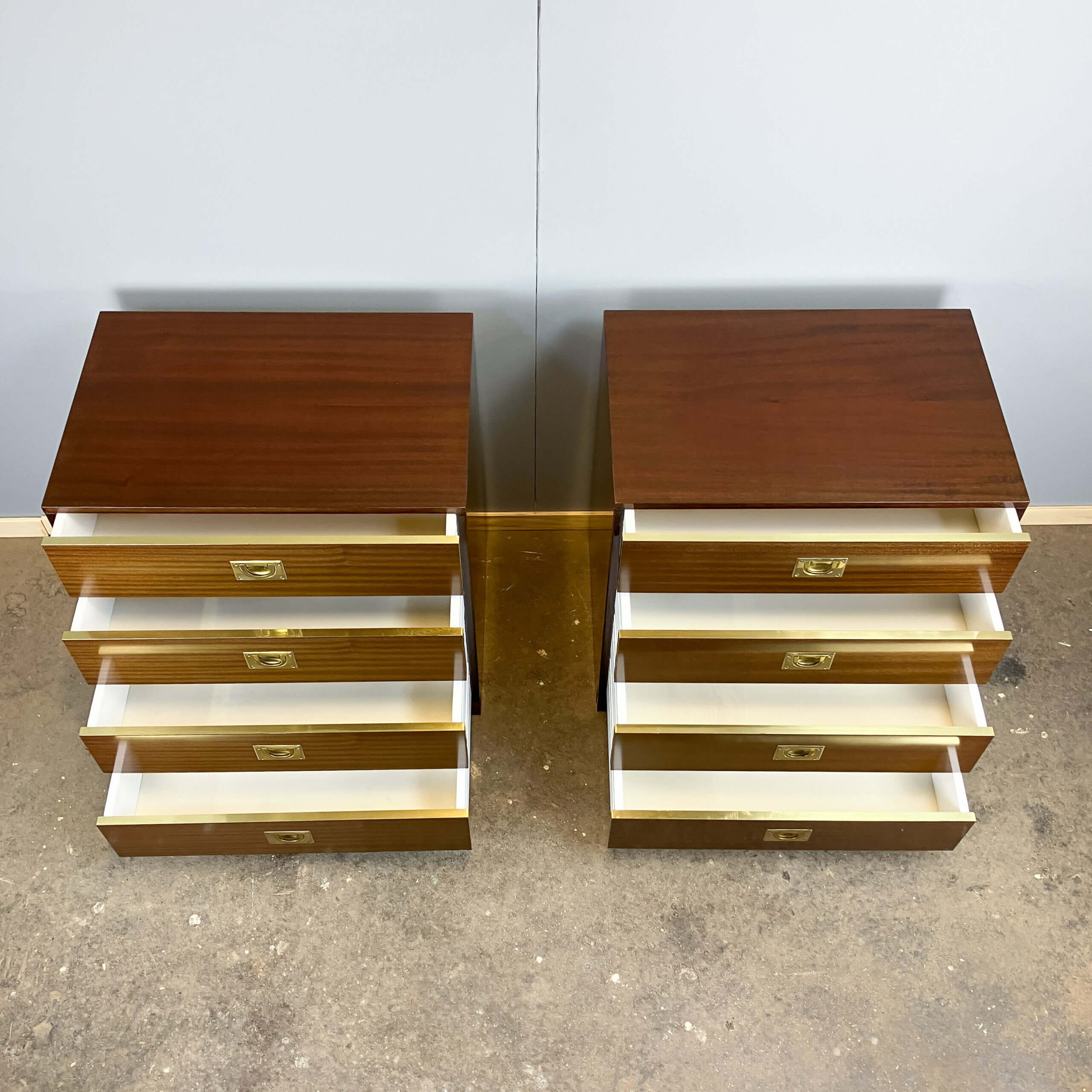 2 bedside tables/small chests of drawers in Campaign style, 1970s