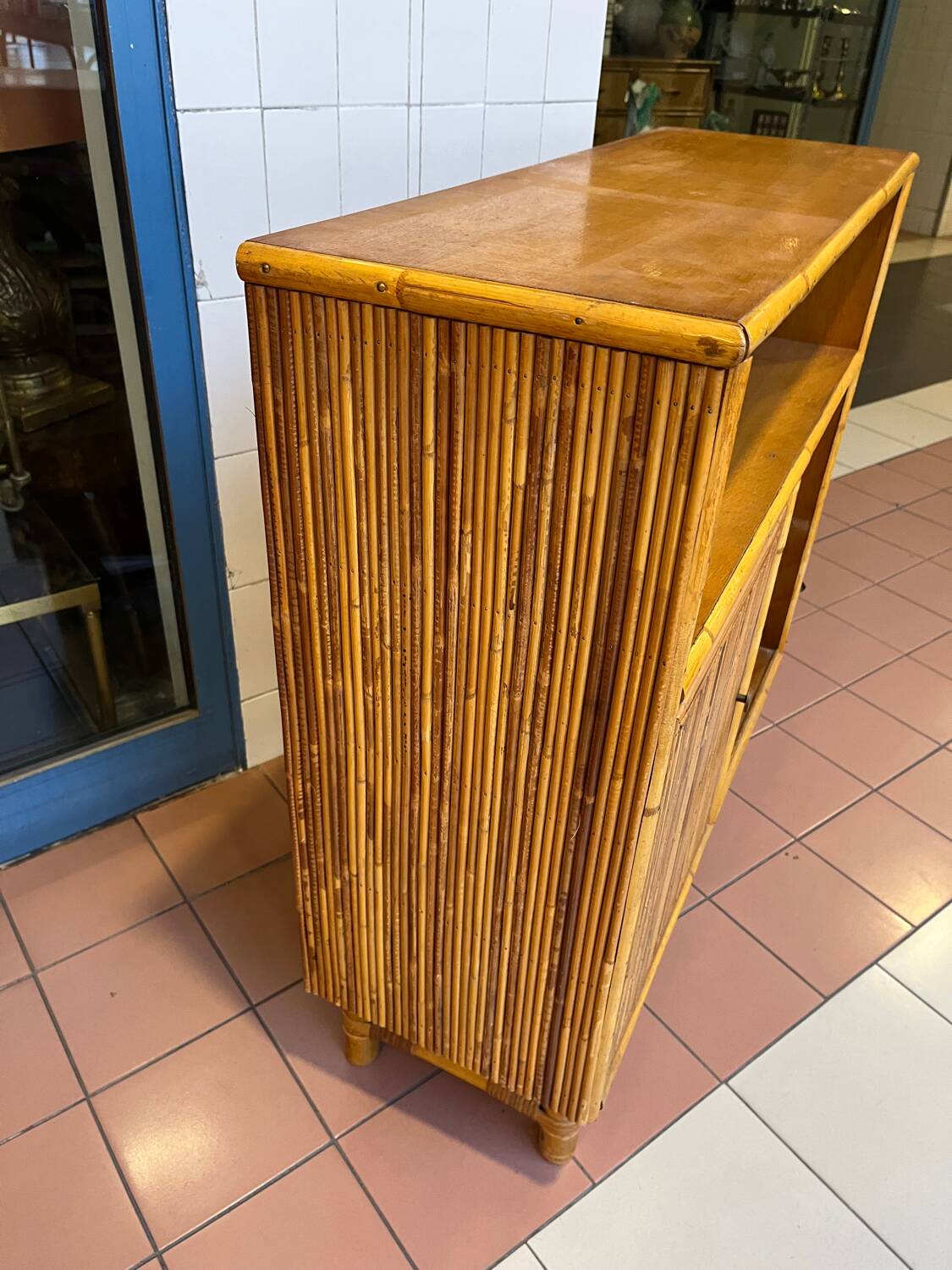 Vintage rattan side table in Audoux Minet style