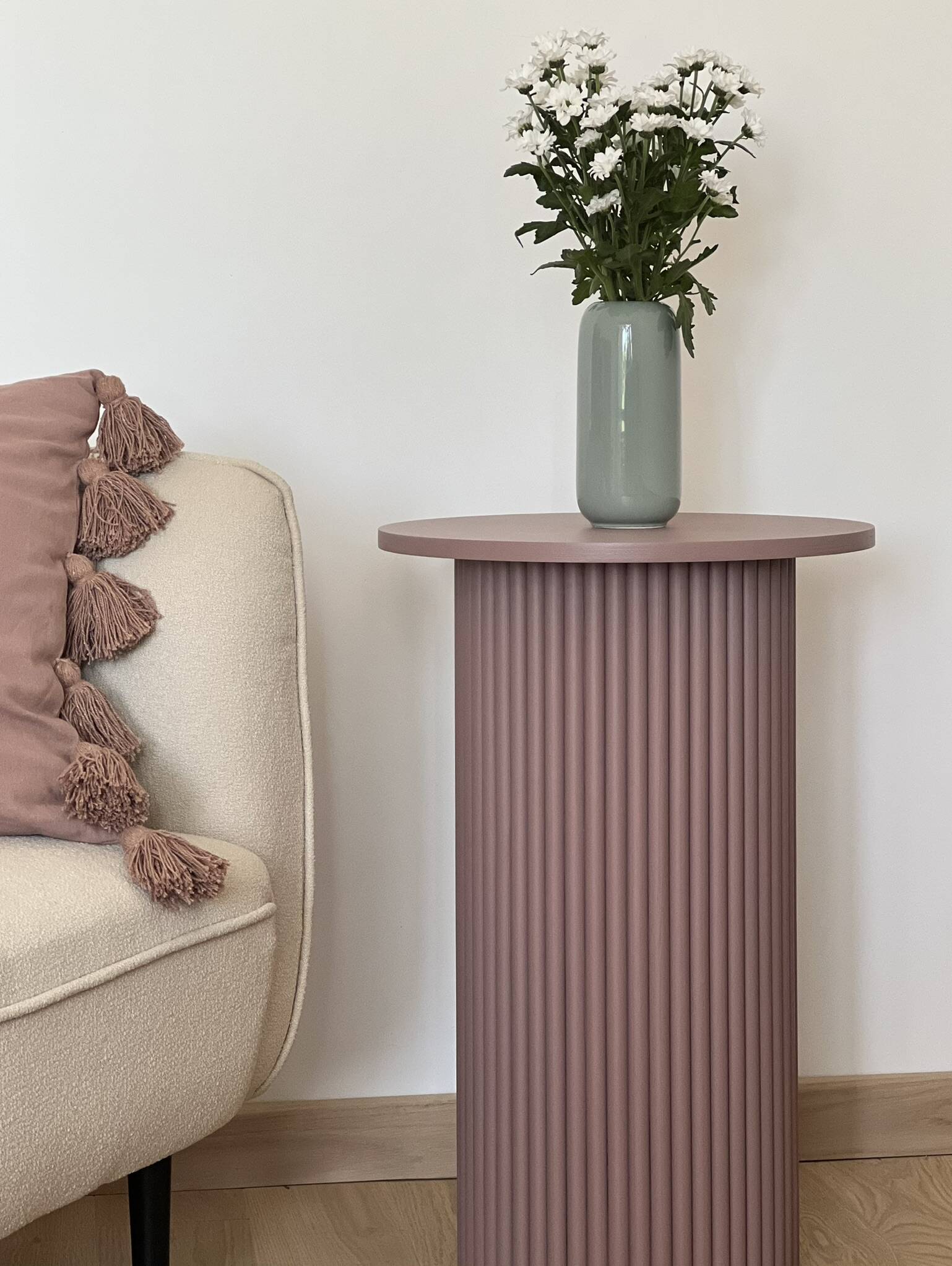 round and fluted side table in mauve, dimmed pink purple