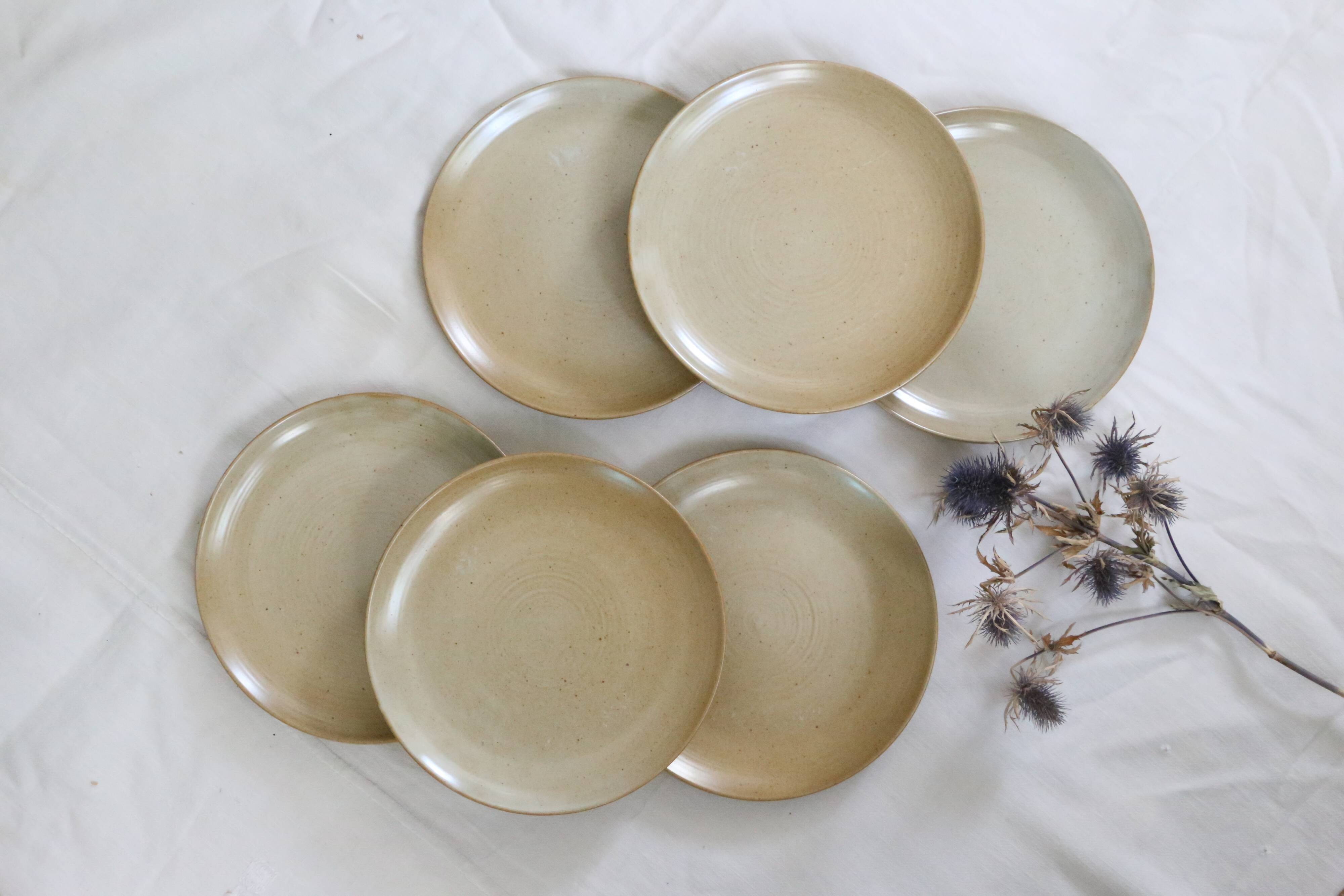 Set of 6 flat plates in sandstone, Sandstone village, vintage French