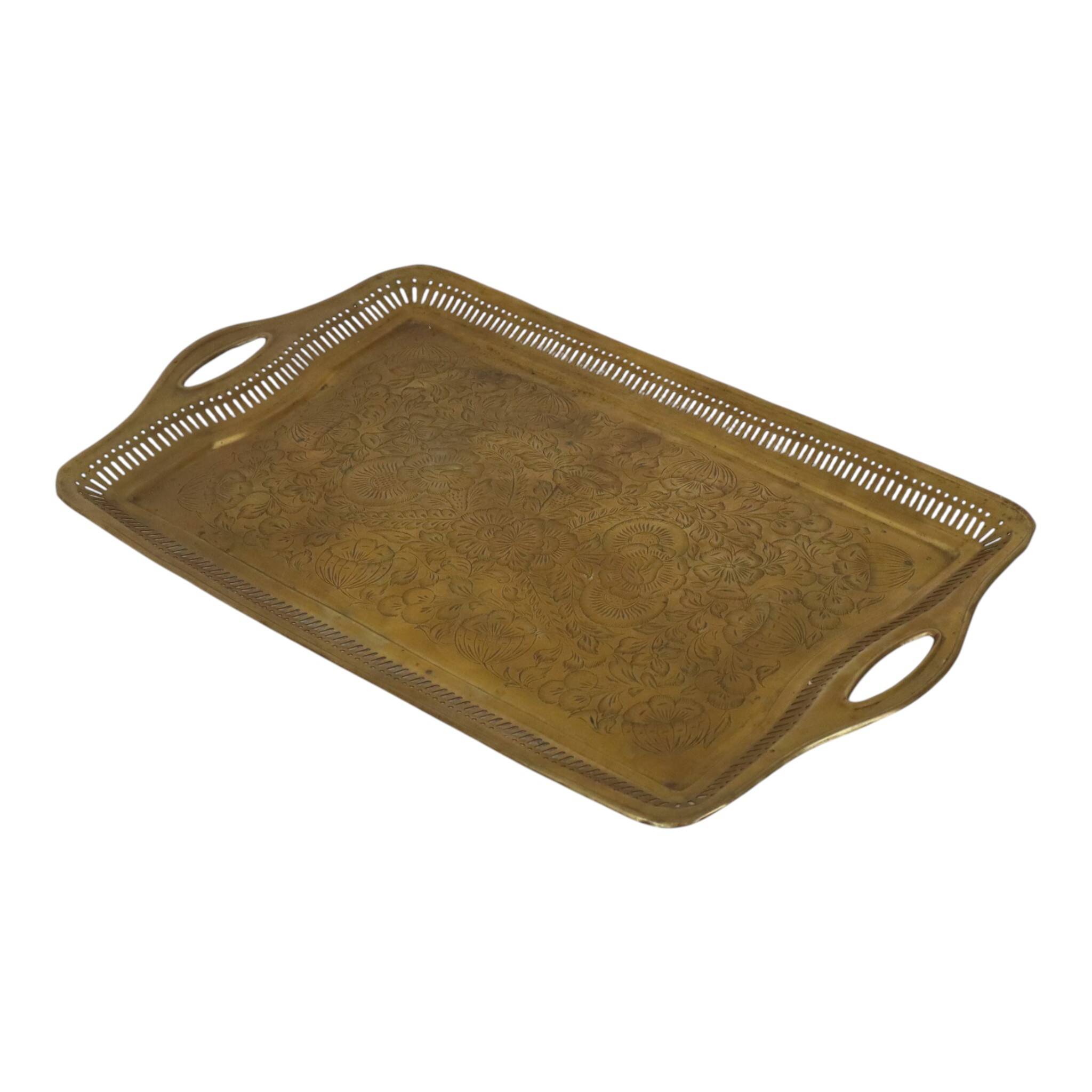 Vintage Oriental Brass Tray with Floral Decoration, 50 cm