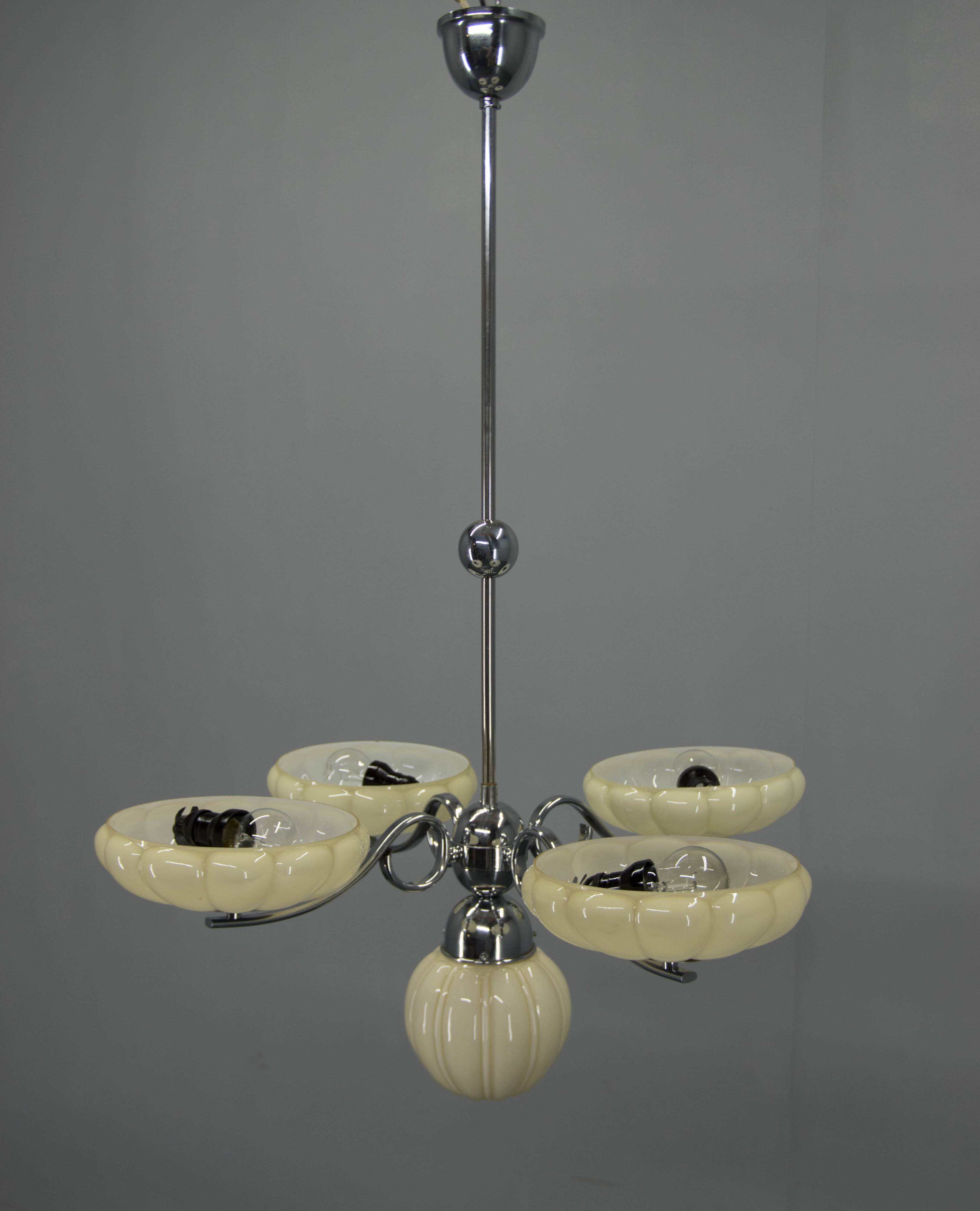 Art Deco Chrome and Glass Chandelier, 1930s