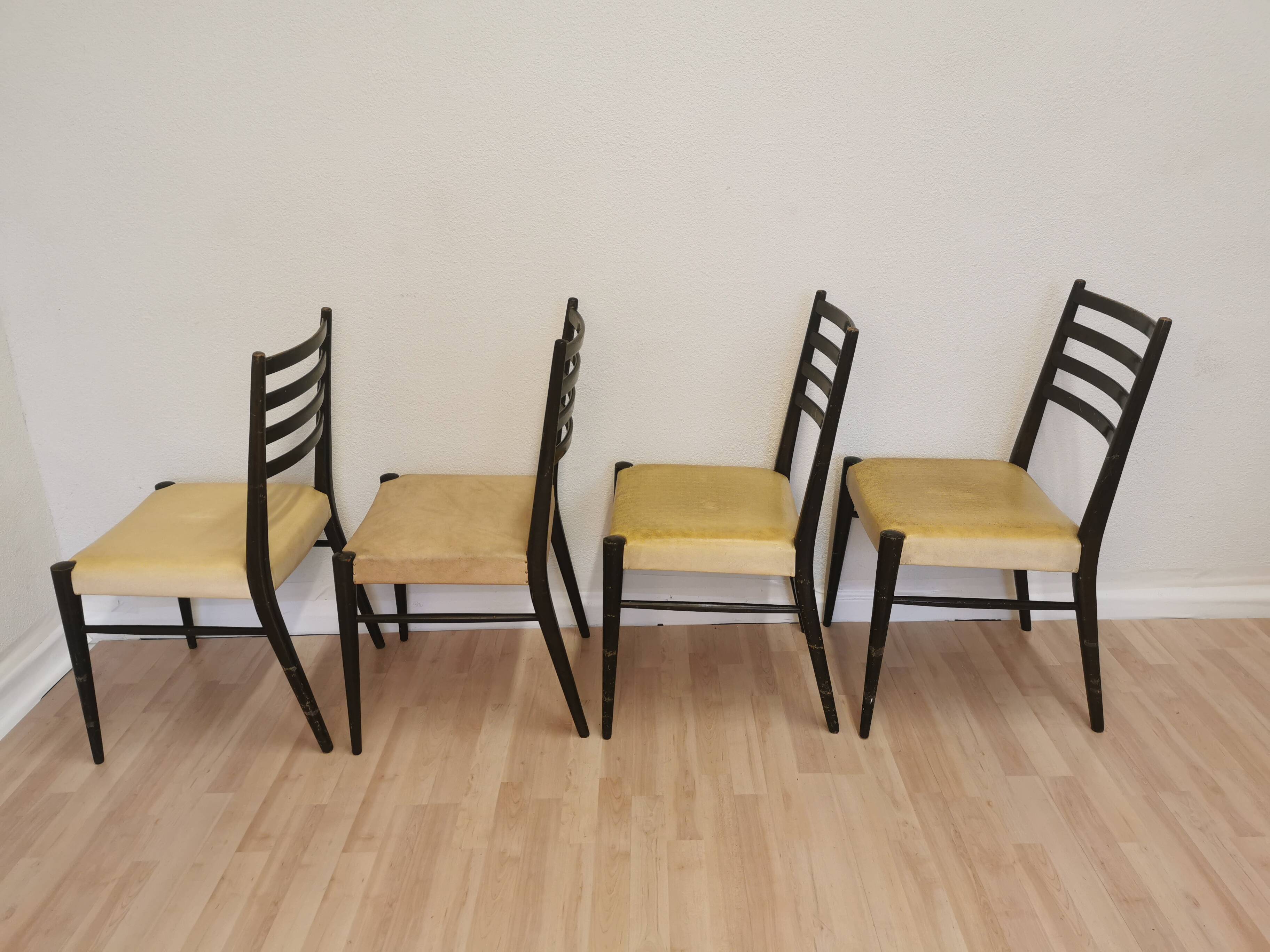 Set of 4 Vintage Wooden Dining Chairs: Beige Faux Leather, Mid-Century Retro