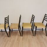 Set of 4 Vintage Wooden Dining Chairs: Beige Faux Leather, Mid-Century Retro