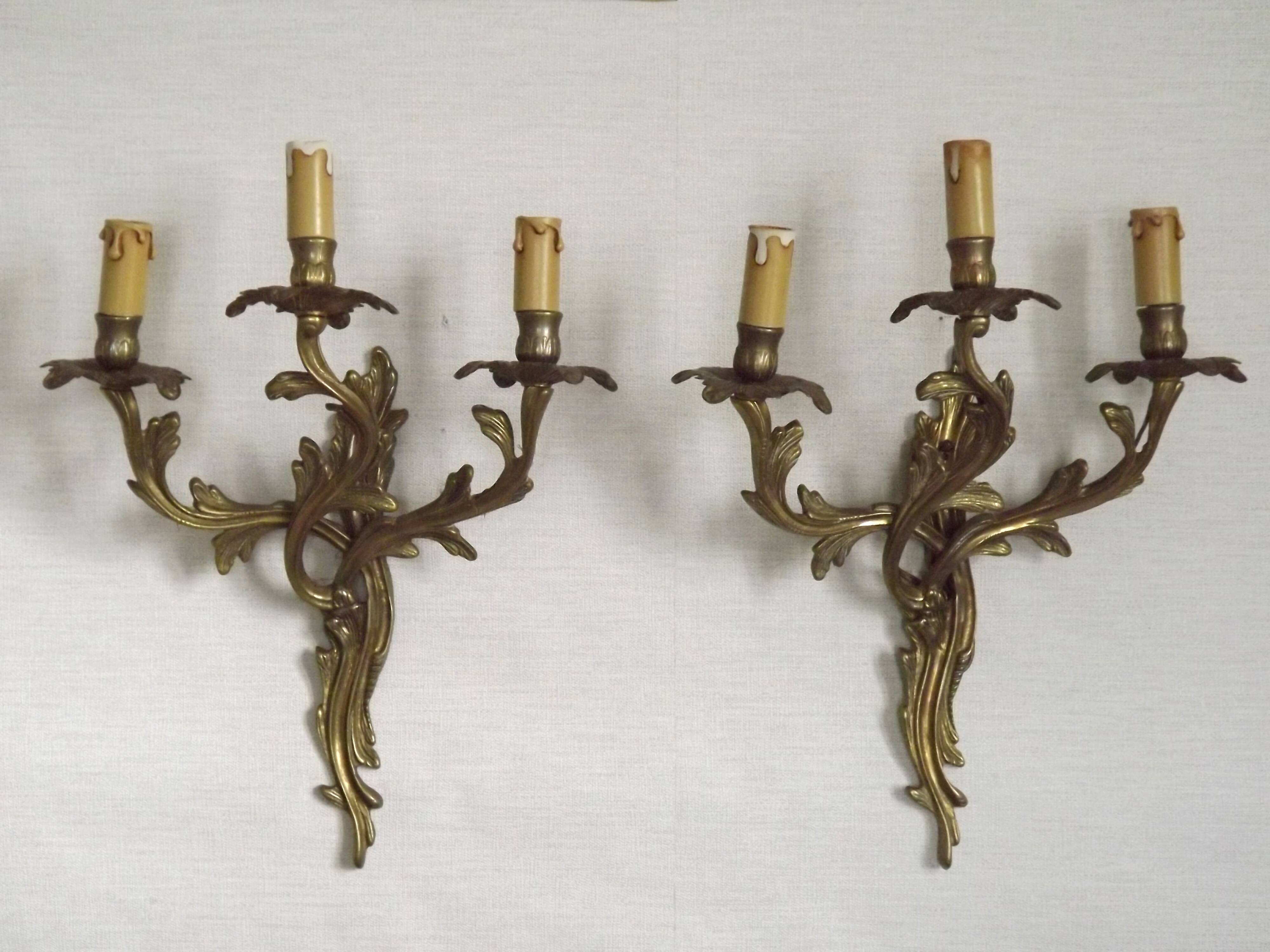 Magnificent Pair of French Antique Bronze Three-Light Acanthus Wall Sconces