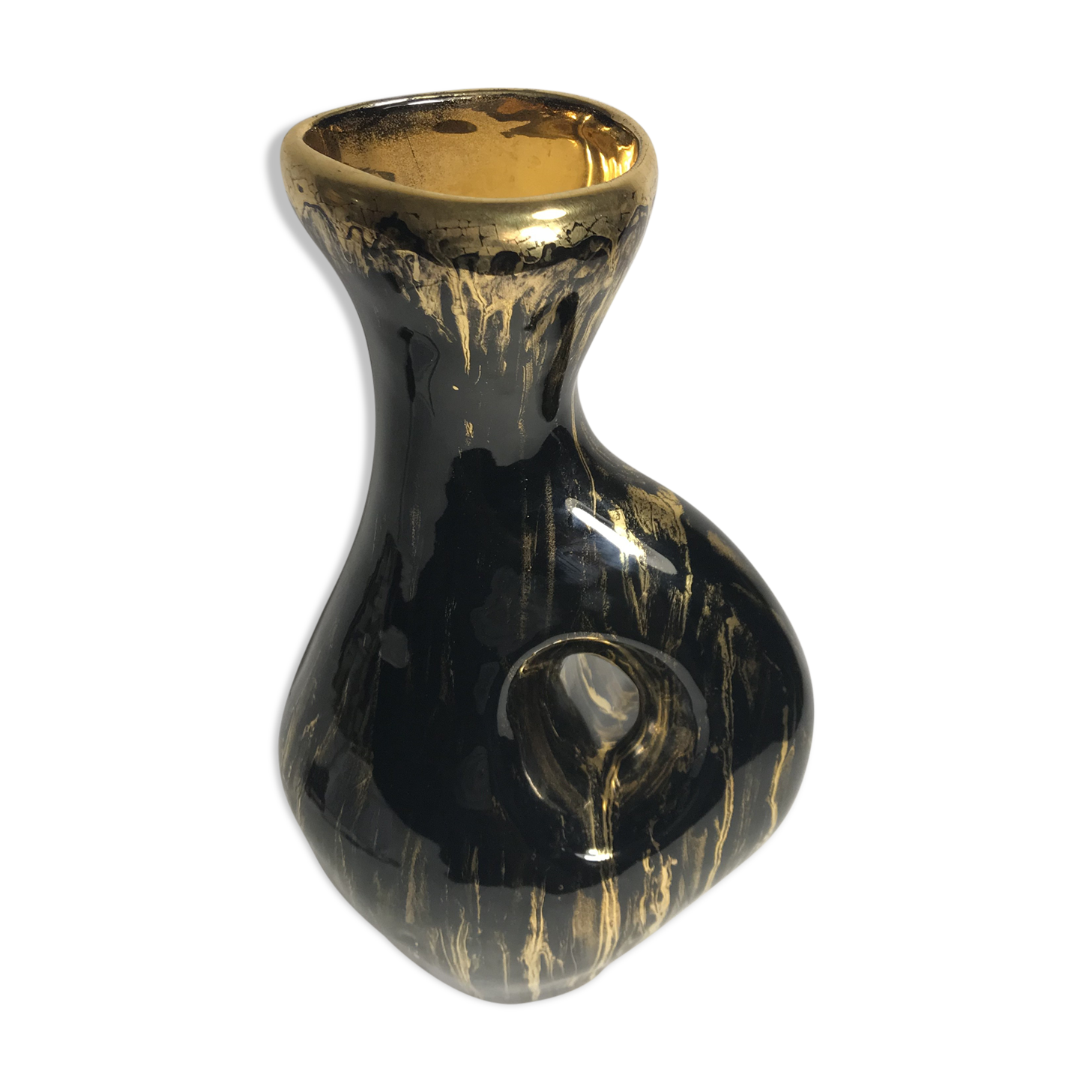 Old glazed ceramic, cove black & gold signed pitcher tess vintage