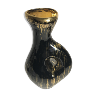 Old glazed ceramic, cove black & gold signed pitcher tess vintage