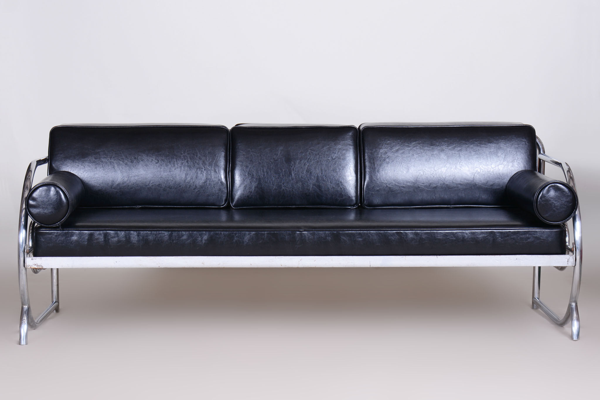 Restored Black Bauhaus Sofa, Designer Robert Slezak, High-Quality Leather, 1930s