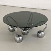 Table basse Sputnik en métal chromé et verre fumé