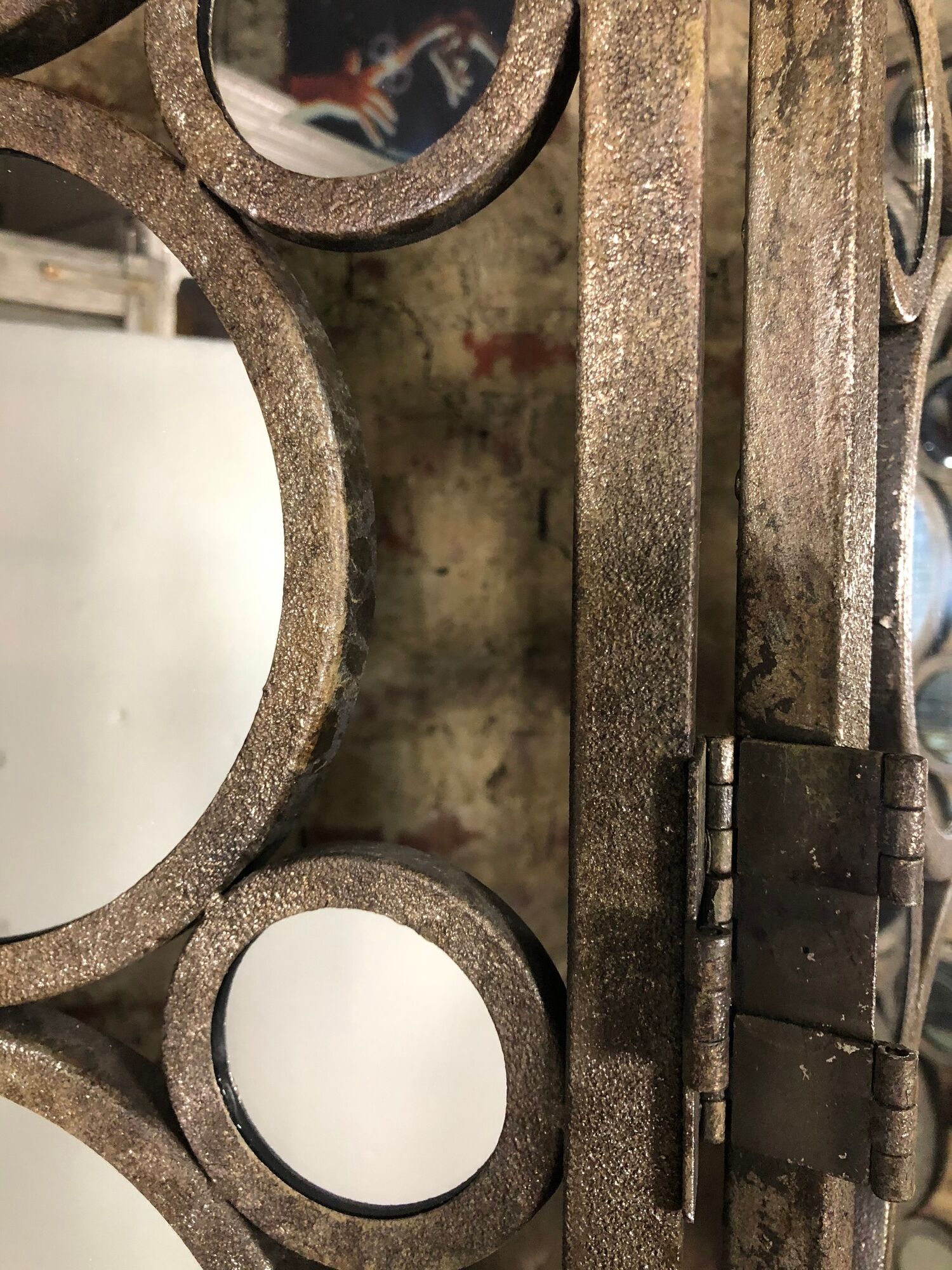 Screen 3 panels of round mirrors frame metalized iron aged