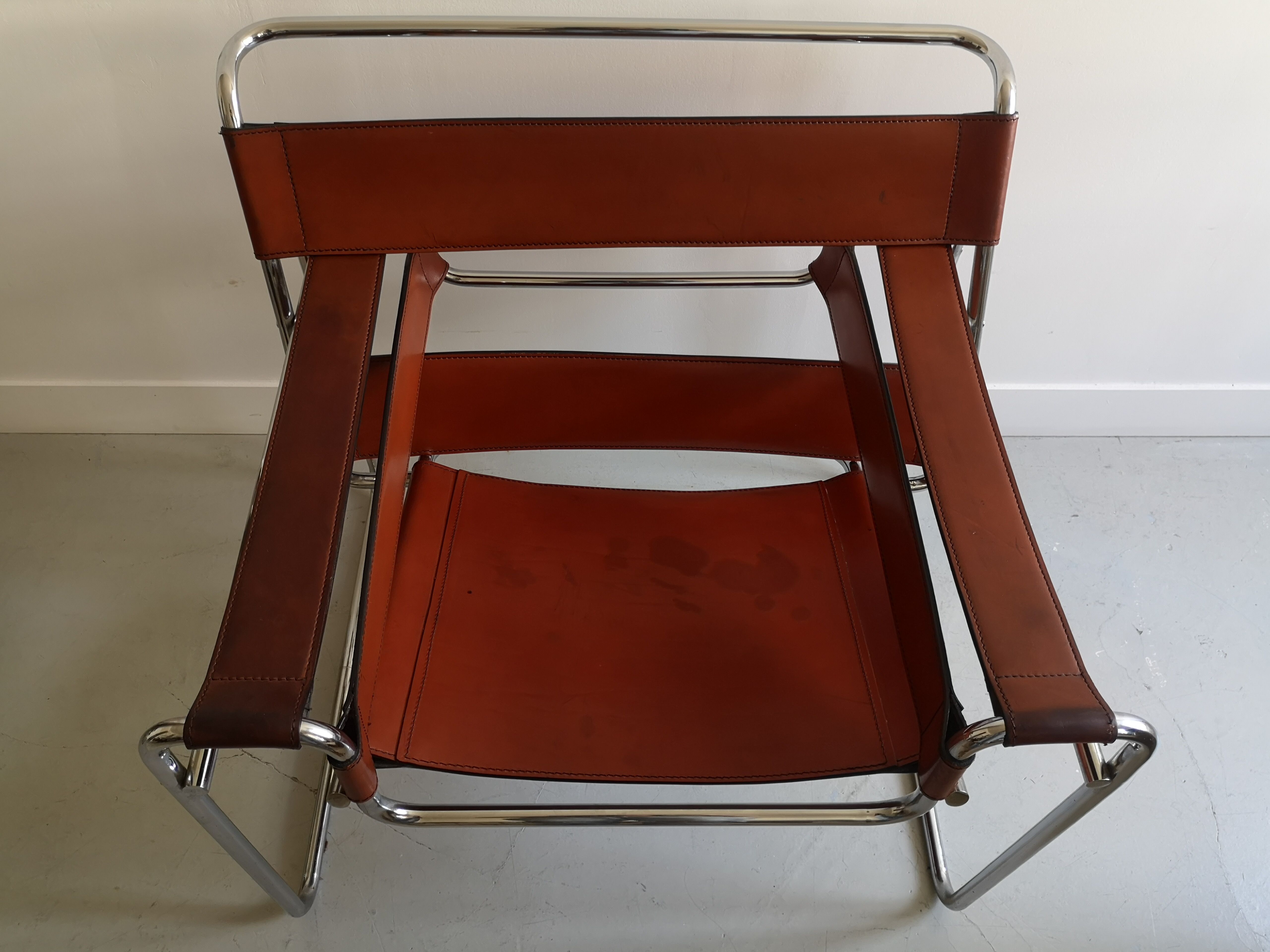Tawny leather armchair model Wassily B3 by Marcel Breuer