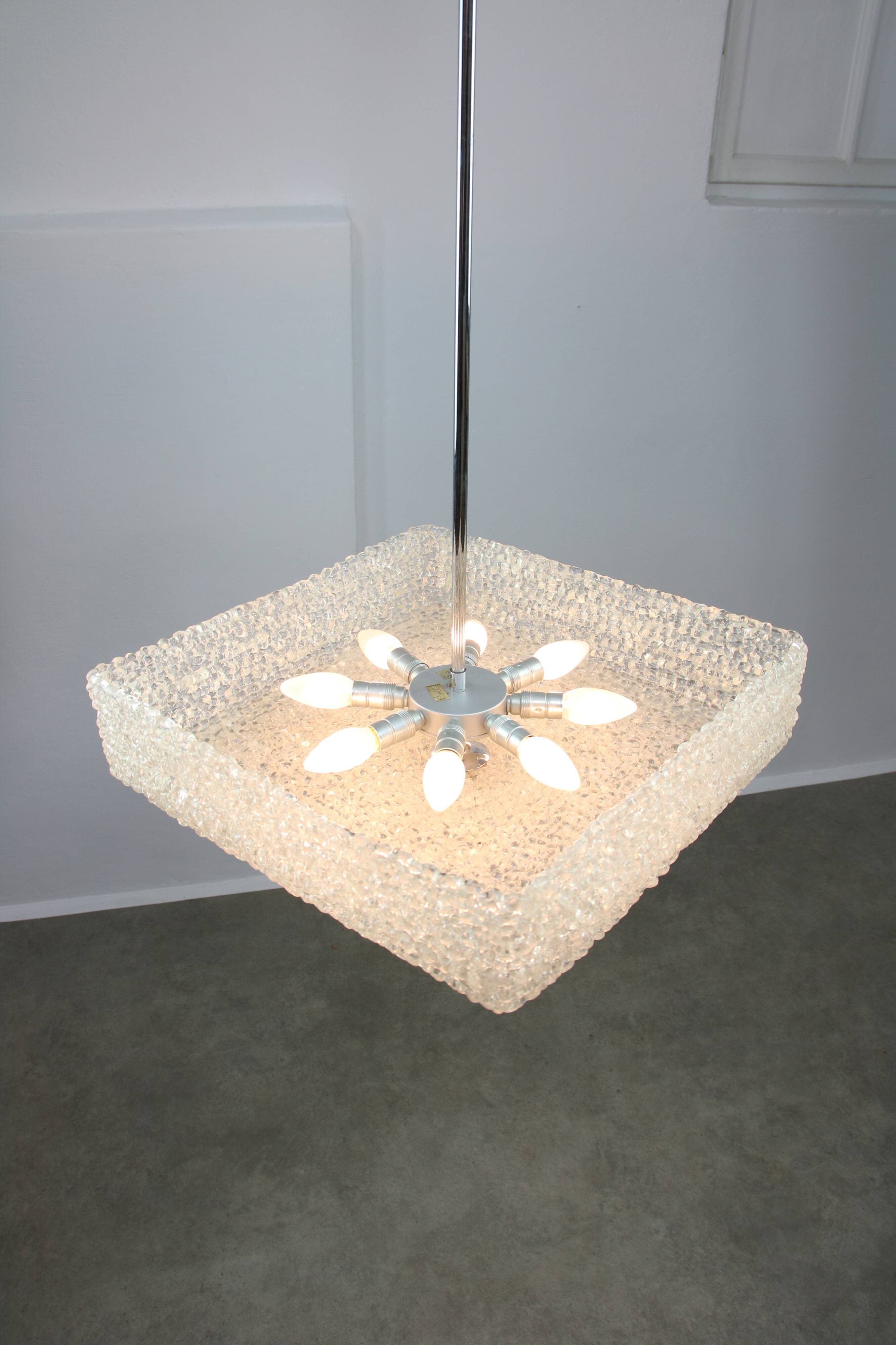 Vintage Textured Glass Chandelier: Mid-Century Kalmar Style Pendant Light