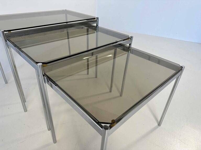 Italian Midcentury Set of Three Chromed Metal Glass Stackable Tray Tables,