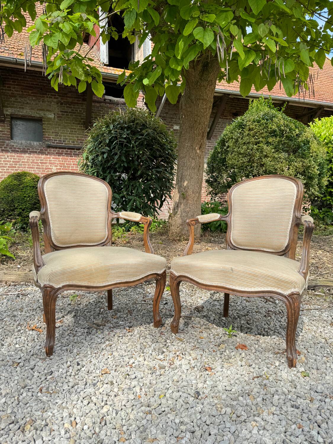 Pair of louis xv style natural wood armchairs xix eme century