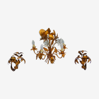 Lustre 5 bras et paire d'appliques en métal doré des années 70 fleurs épi de blé