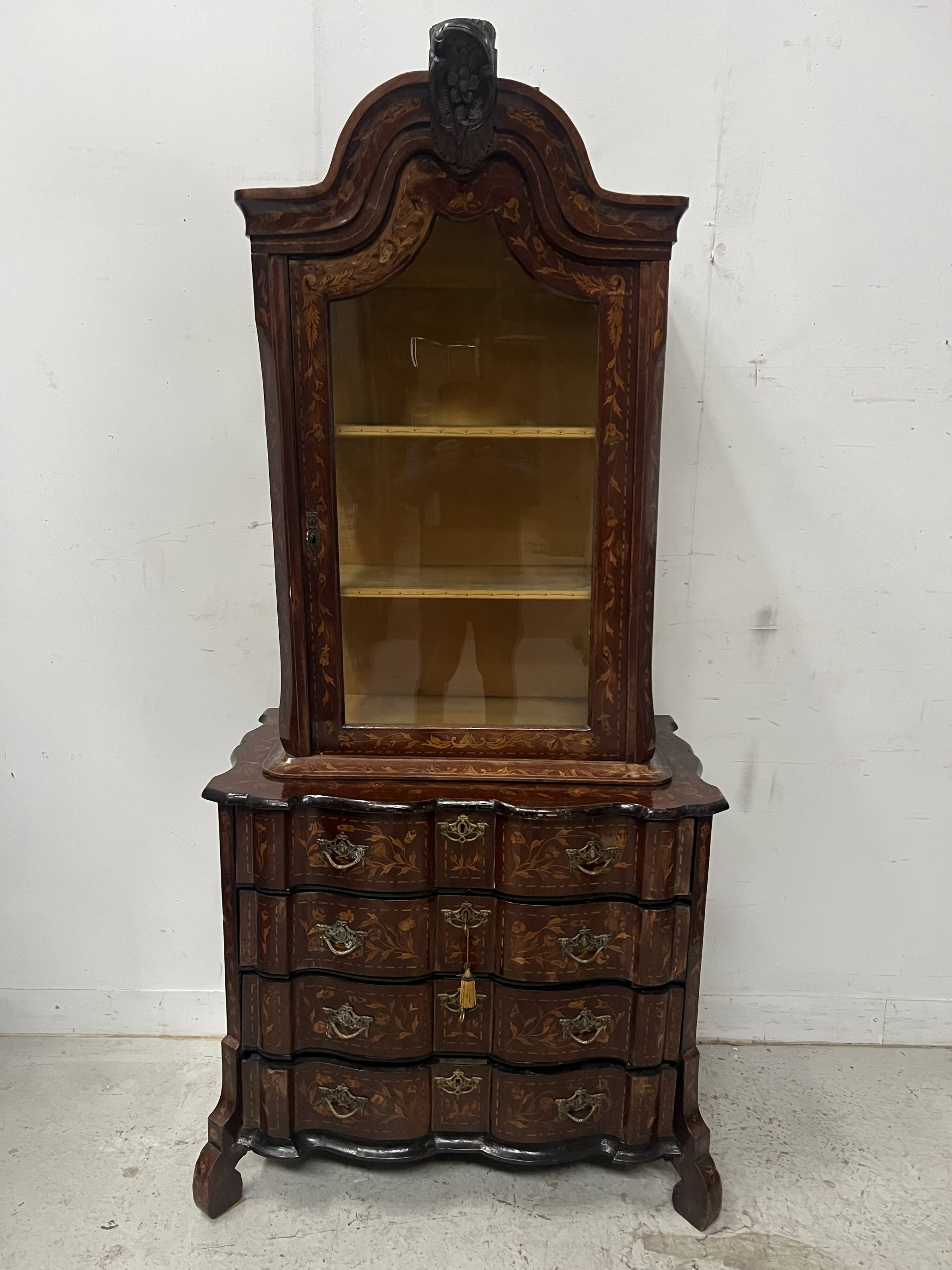 Dutch display cabinet in two parts made of marquetry wood.
