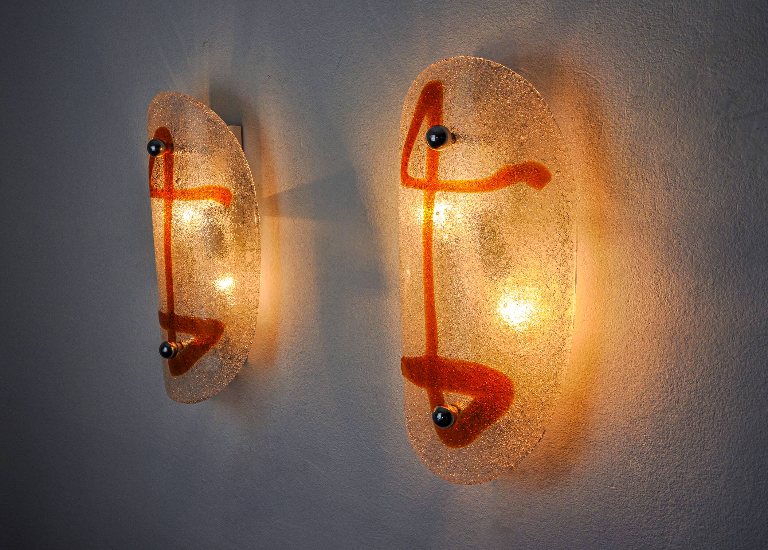Pair of XL wall lights by Murano Mazzega in orange frosted glass Italy 1970