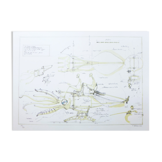 Lithographie originale signée et numérotée françois delaroziere, le calamar à retropropulsion, 2008