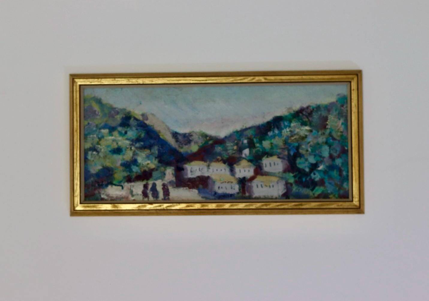 Original mid-century Swedish oil on panel "Village" by Bertil Wahlberg.