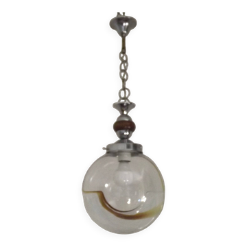 Vintage Murano Glass Globe Pendant Ceiling Light Amber Wave Mazzega Style