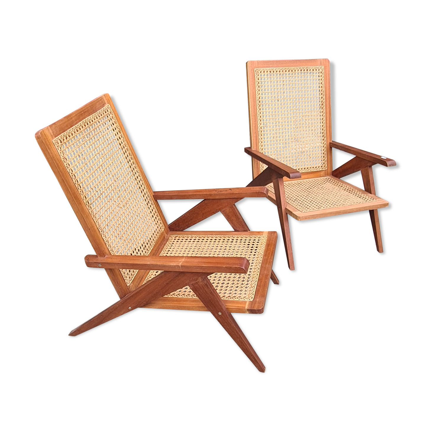 Pair of compass foot armchairs in solid mahogany and cannage 50s