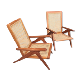 Pair of compass foot armchairs in solid mahogany and cannage 50s