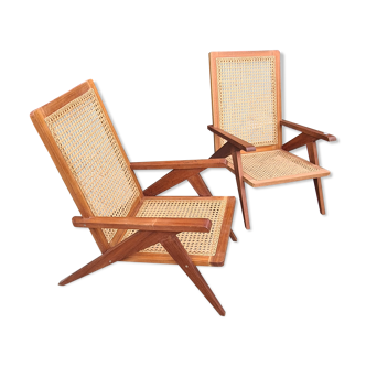 Pair of compass foot armchairs in solid mahogany and cannage 50s