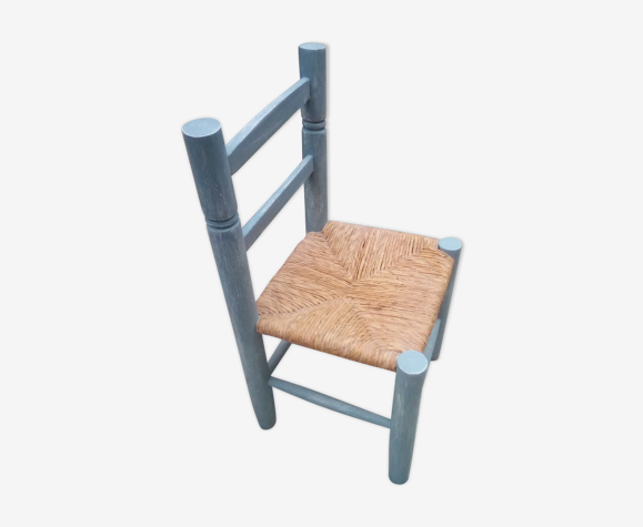Chaise enfant paillée patine bleue