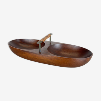 Teak bowl with brass and leather handle by Carl Auböck, Austria, 1950s