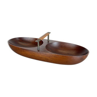 Teak bowl with brass and leather handle by Carl Auböck, Austria, 1950s