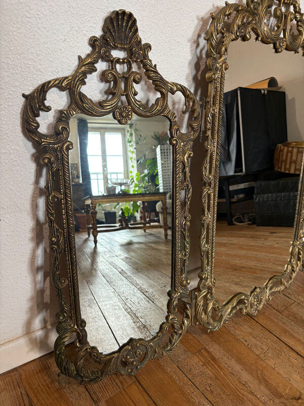 Triptyque Miroir Baroque/Rococo en laiton Doré, vers 1950 -M