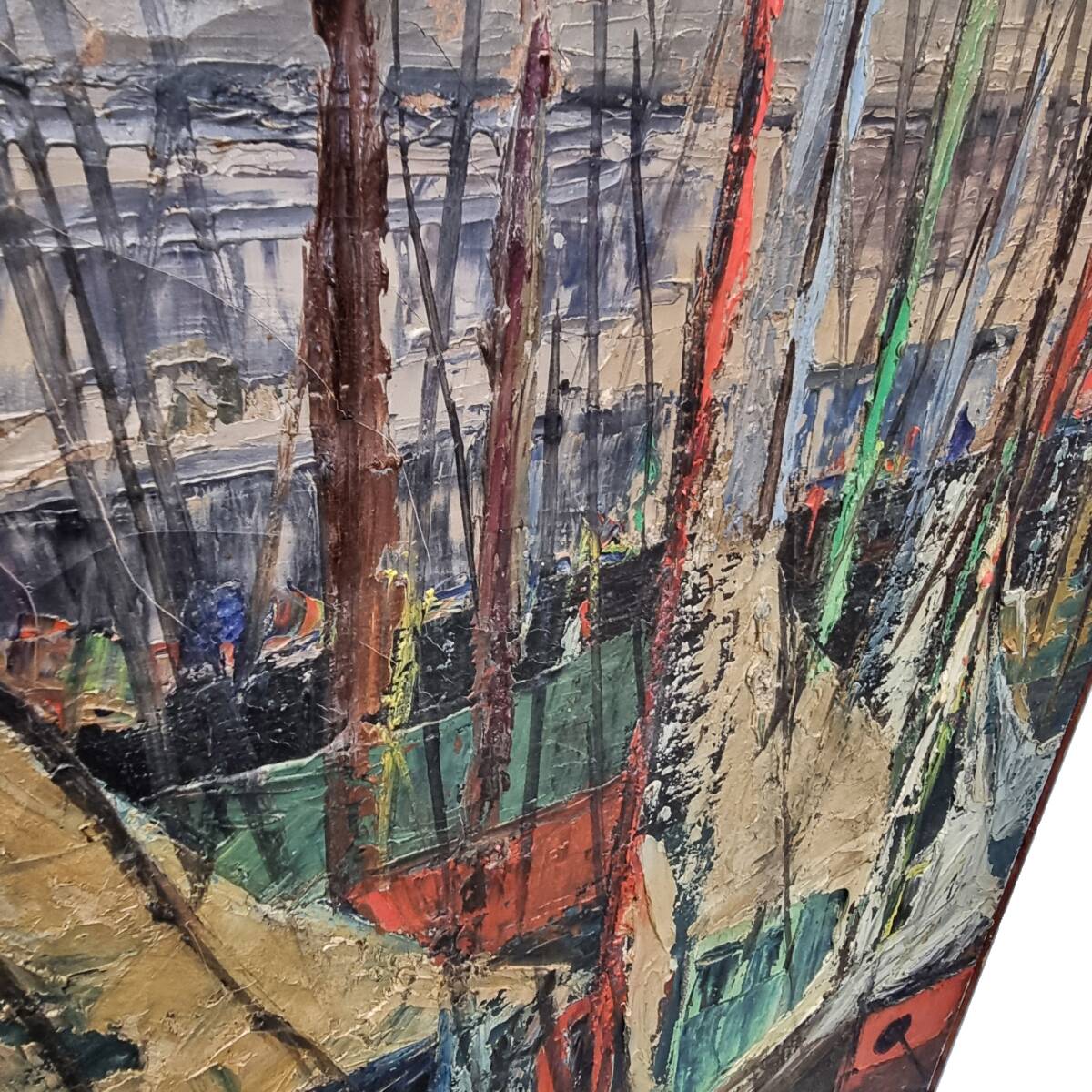 Vintage French Painting With Boats In Harbor by Bourgeois, mid-century