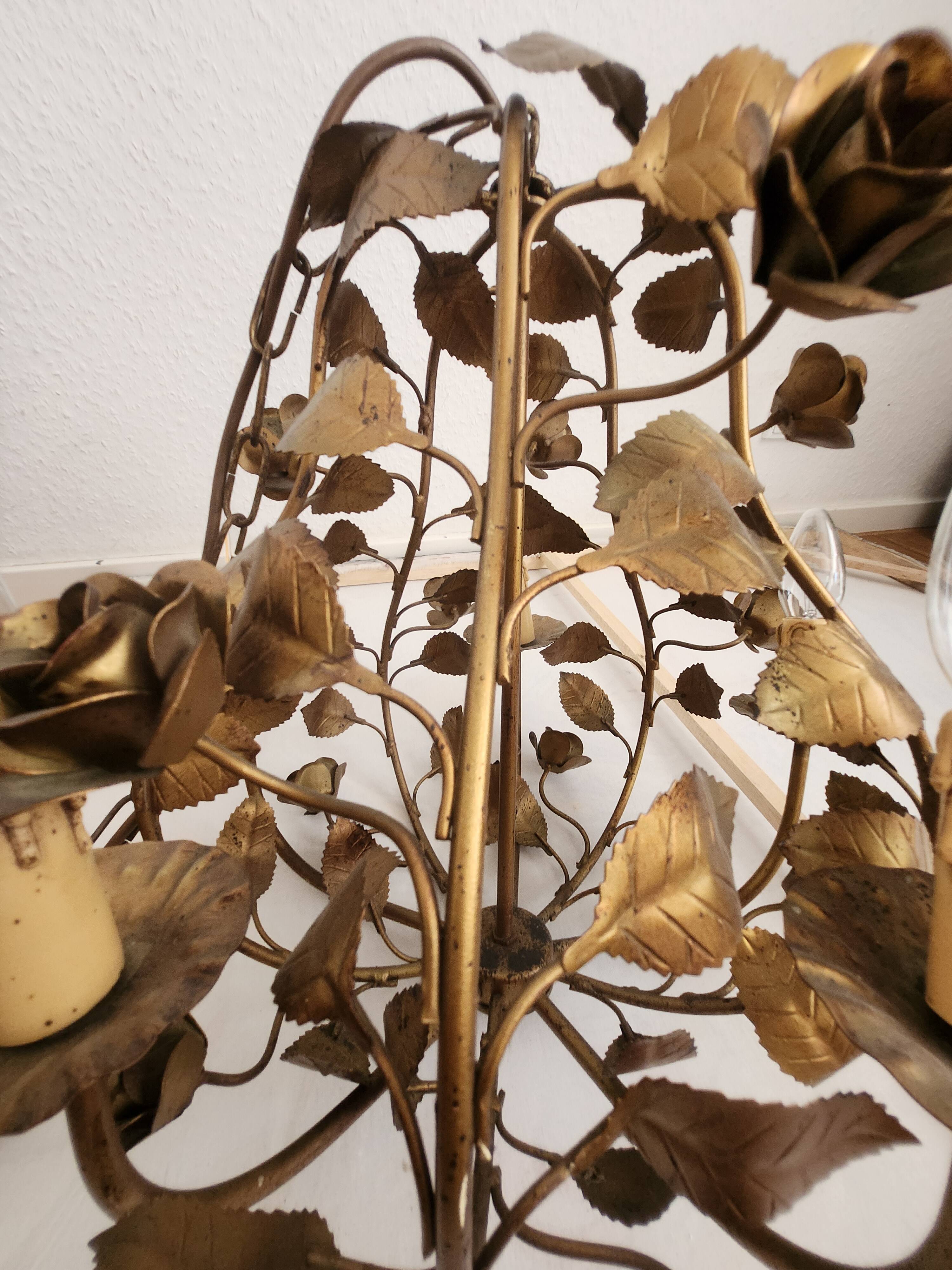 Chandelier hand-forged Hollywood Regency rose leaf decorations