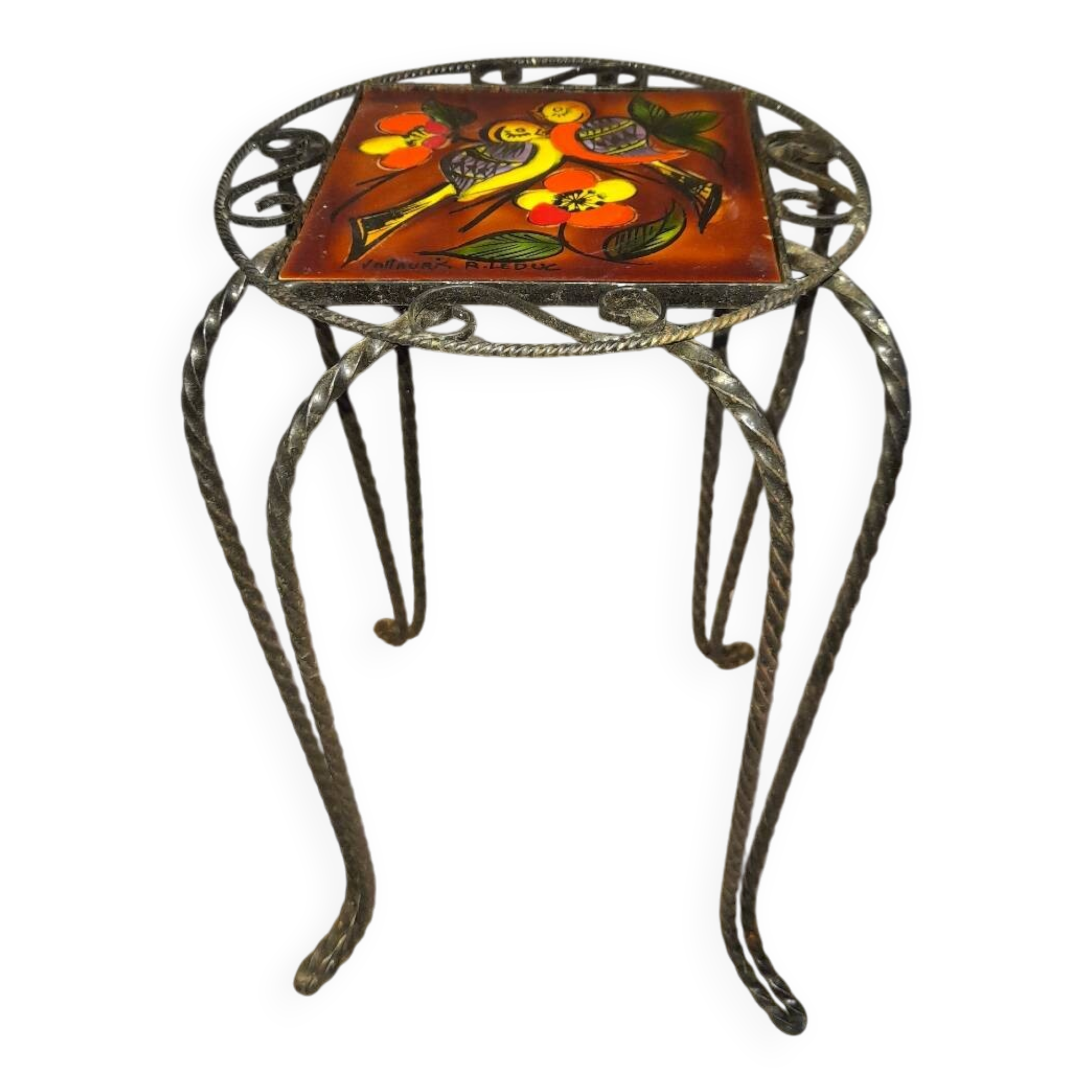 Wrought iron stool and Vallauris pottery signed Leduc.