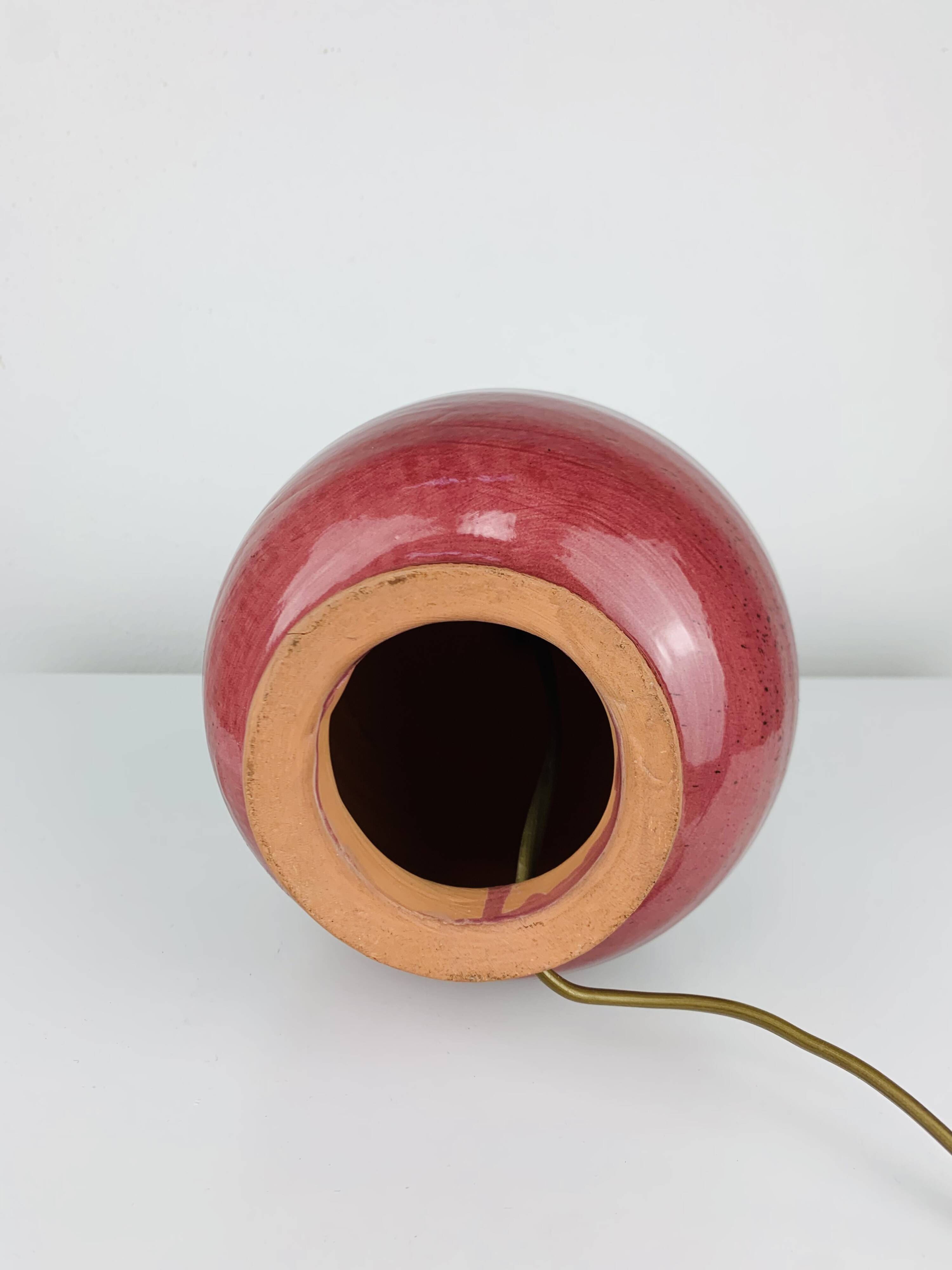 Purple ceramic ball lamp with wool shade, vintage.