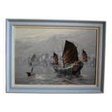 peinture marine voiliers bord de mer en Asie HSP signé