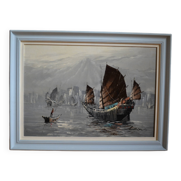 peinture marine voiliers bord de mer en Asie HSP signé