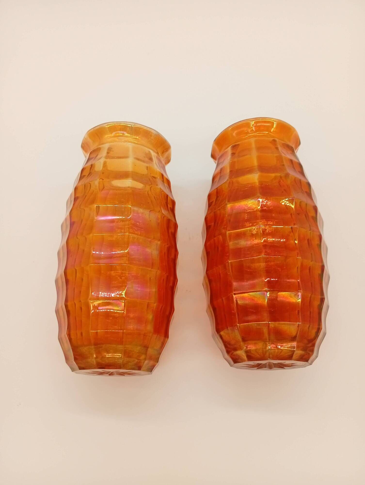 Paire Vases Art Déco Josef Invald Carnival Marigold Orange Irisé Jacobean