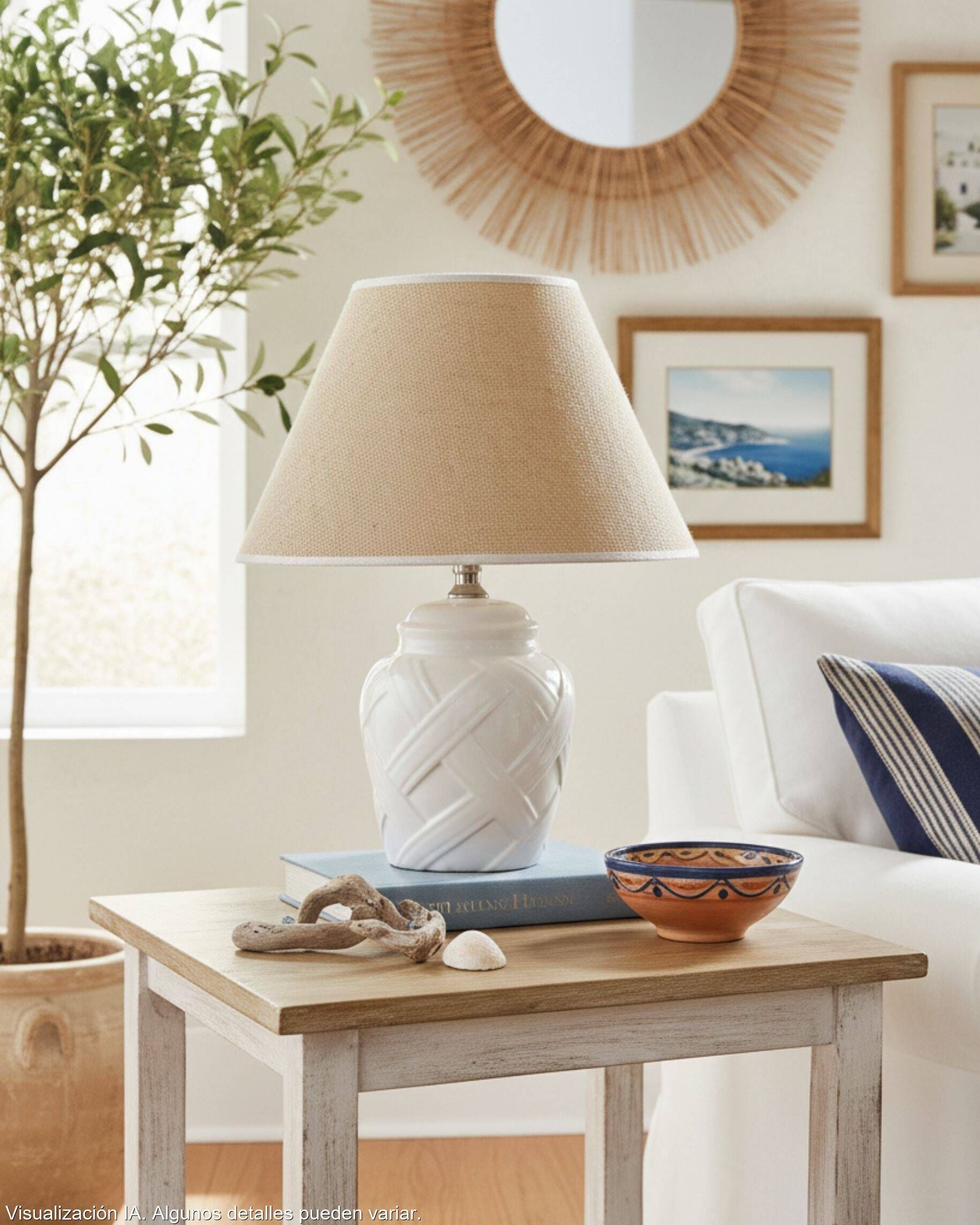White ceramic lamp base from Manises, intertwined geometric relief.