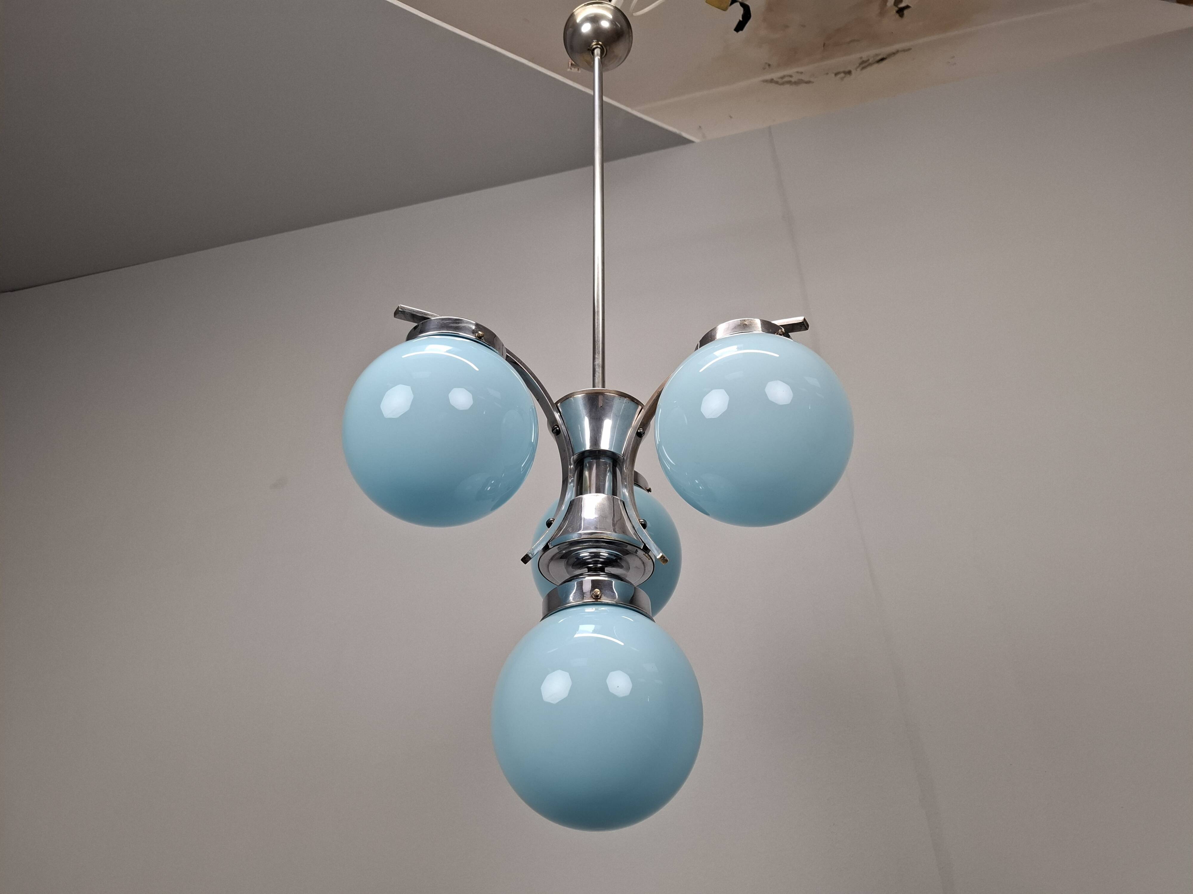 1930s Czech Art Deco Blue Opaline Glass and Chrome Four-Light Chandelier