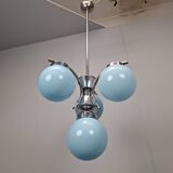 1930s Czech Art Deco Blue Opaline Glass and Chrome Four-Light Chandelier